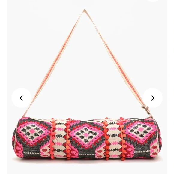 Boho Yoga Mat Bag, Pink and Black Geometric Shoulder Bag with Strap - Picture 1 of 9